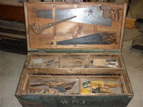 metal carpenter's tool box|vintage carpenters tool box.